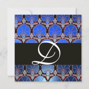 BLUE BLACK DAMASK CARNATIONS MONOGRAM INVITATION