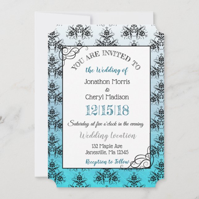 Blue  Black Damask Classy Wedding invitations (Front)