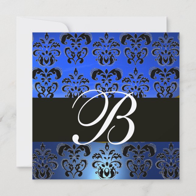 BLUE BLACK  DAMASK MONOGRAM , Bright Gold White Invitation (Front)