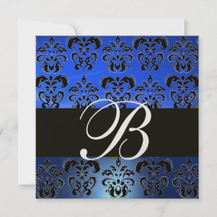 BLUE BLACK  DAMASK MONOGRAM , Bright Gold White Invitation