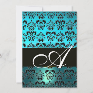 BLUE BLACK DAMASK MONOGRAM ,bright white turquase Invitation
