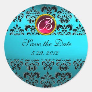 BLUE BLACK DAMASK MONOGRAM ,red ruby turquase Classic Round Sticker