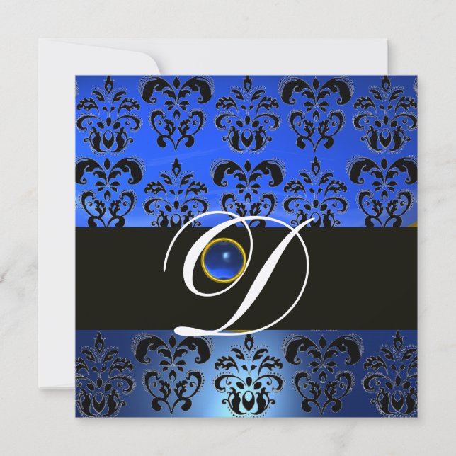 BLUE BLACK DAMASK MONOGRAM SAPPHIRE CHAMPAGNE INVITATION (Front)