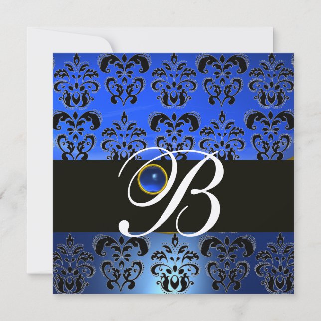 BLUE BLACK DAMASK MONOGRAM SAPPHIRE GOLD METALLIC INVITATION (Front)