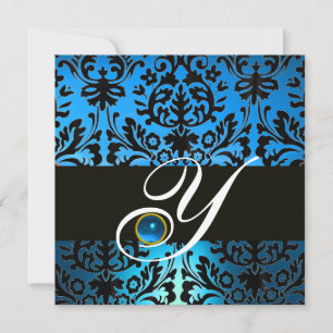 BLUE BLACK DAMASK MONOGRAM Sapphire Invitation