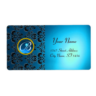 BLUE BLACK DAMASK MONOGRAM,sapphire turquase