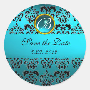 BLUE BLACK DAMASK MONOGRAM ,turquase aquamarine Classic Round Sticker