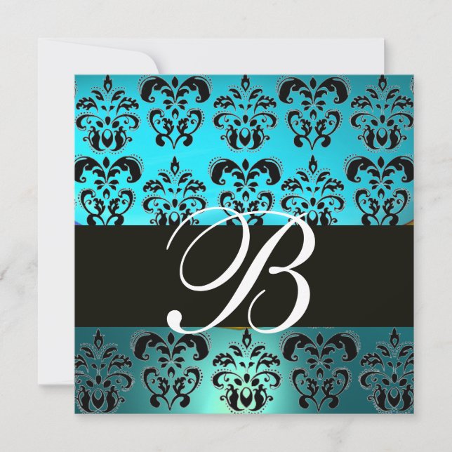 BLUE BLACK  DAMASK MONOGRAM , white turquase Invitation (Front)
