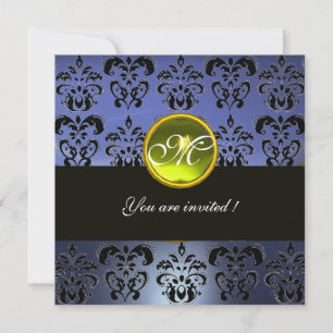 BLUE BLACK  DAMASK MONOGRAM, yellow topaz Invitation