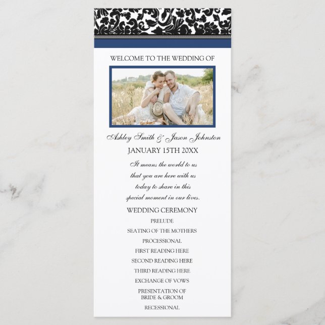 Blue Black Damask Photo Wedding Program Programme (Front)