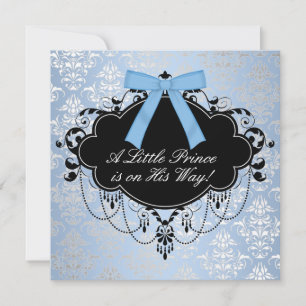 Blue Black Damask Prince Baby Boy Shower Invitation