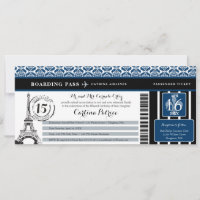 Blue Black Damask Quinceanera Paris Boarding Pass 