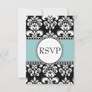 Blue Black Damask RSVP for Square Invitations