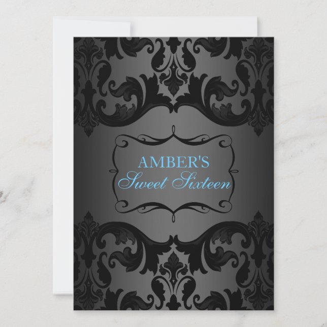 Blue & Black Damask Sweet 16 Birthday Invite (Front)