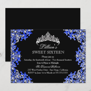 Blue & Black Damask Tiara Sweet 16 Invitation