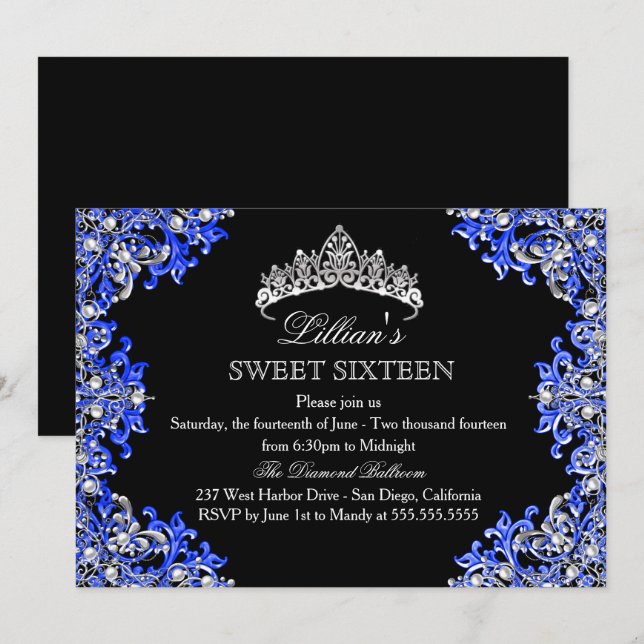 Blue & Black Damask Tiara Sweet 16 Invitation (Front/Back)