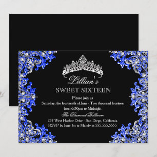 Blue & Black Damask Tiara Sweet 16 Invitation