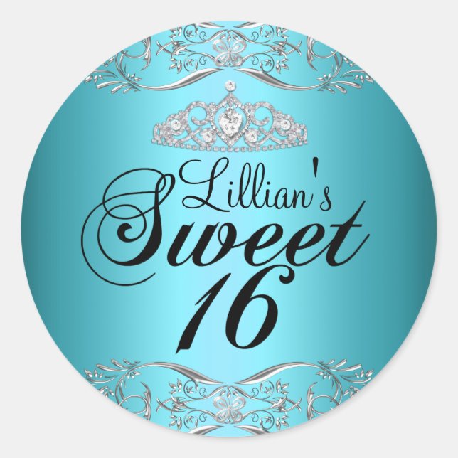 Blue Black Damask & Tiara Sweet 16 Sticker (Front)