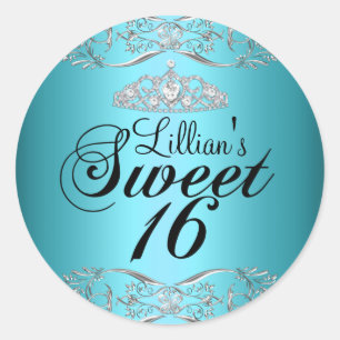 Blue Black Damask & Tiara Sweet 16 Sticker