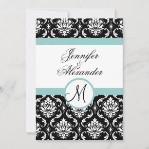 Blue Black Damask Wedding Monogram Invitation