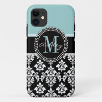 BLUE, BLACK DAMASK, YOUR MONOGRAM ,YOUR NAME
