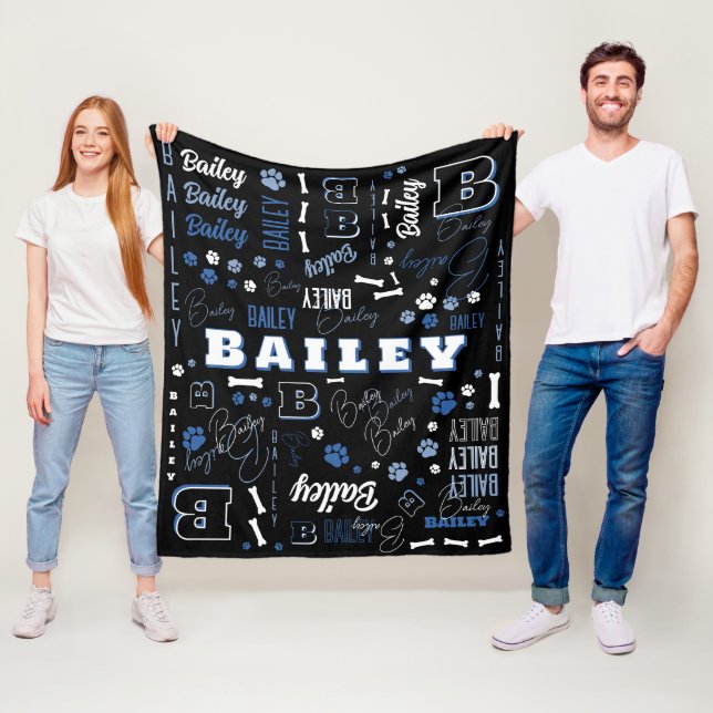 Blue Black Dog Name Initial Word Art Pattern  Fleece Blanket (In Situ)