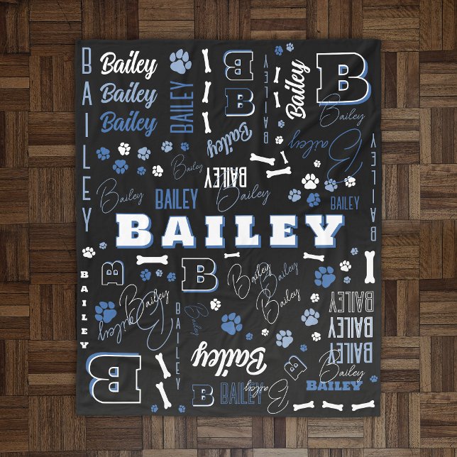 Blue Black Dog Name Initial Word Art Pattern  Fleece Blanket (Creator Uploaded)
