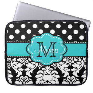 Blue Black Dot Damask Personalised Computer Sleeve