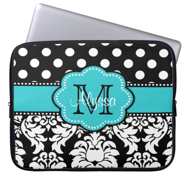 Blue Black Dot Damask Personalised Computer Sleeve (Front)