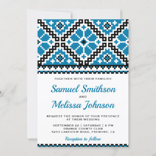 Blue Black Embroidery Ukrainian Wedding Invitation