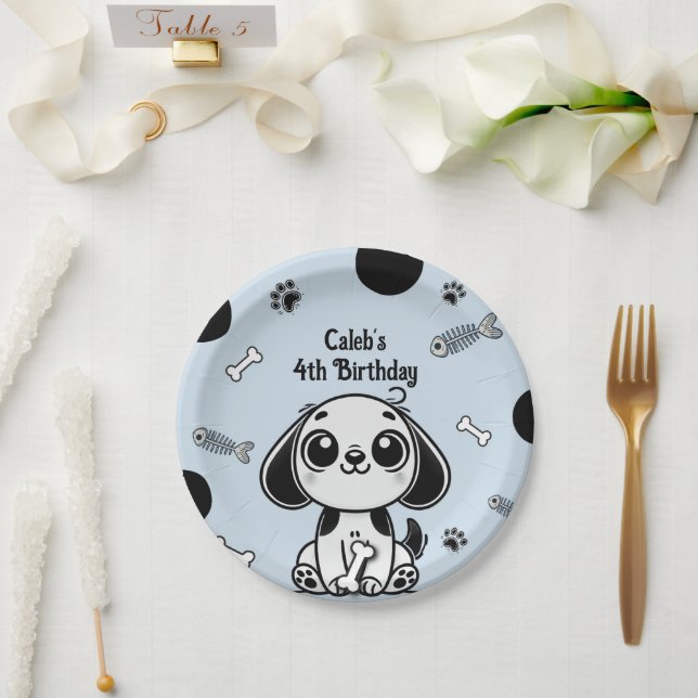 Blue & Black Fish Bones Puppy Dog Birthday Party  Paper Plate (Wedding)