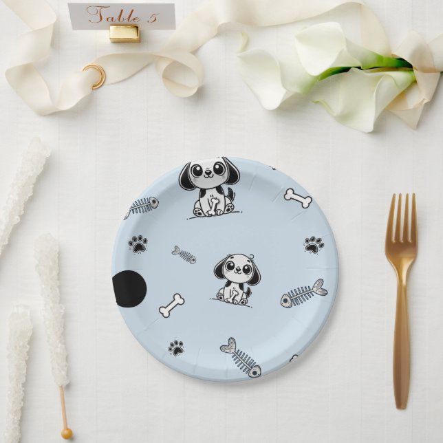 Blue & Black Fish Bones Puppy Dog Birthday Party  Paper Plate (Wedding)
