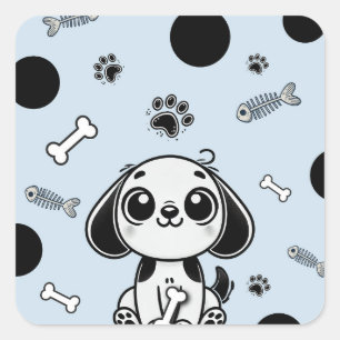 Blue & Black Fish Bones Puppy Dog Birthday Party  Square Sticker