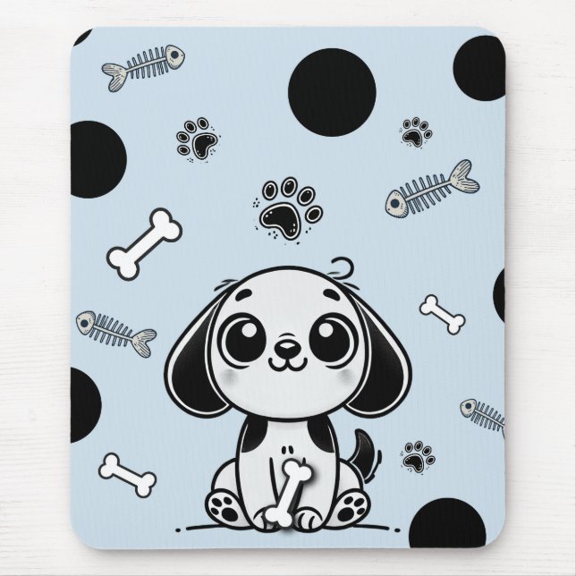 Blue & Black Fish Bones Puppy Dog Cute Office Mouse Mat (Front)