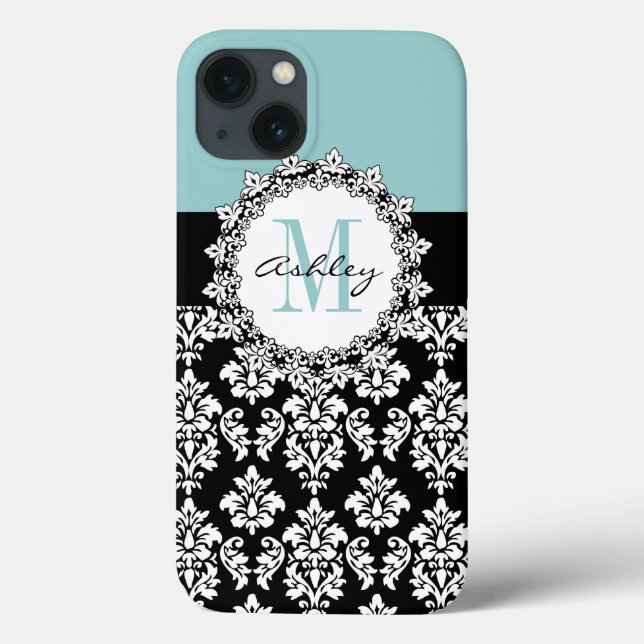 Blue Black Fleur de Lis Damask Monogram Case-Mate iPhone Case (Back)