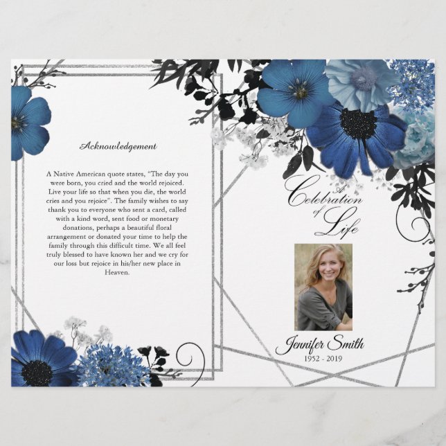 Blue Black Floral Geometric Funeral Program Flyer (Front)