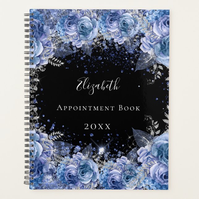 Blue black floral glitter name 2025 planner (Front)