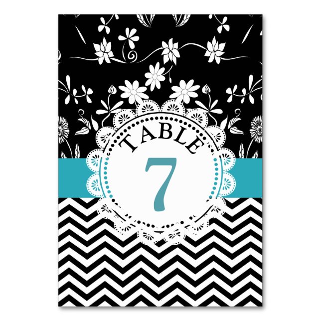 Blue Black Floral Wedding Table Number Card (Front)
