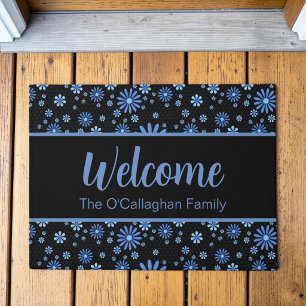 Blue & Black Flower Power Retro Floral Doormat