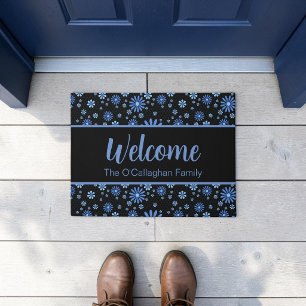 Blue & Black Flower Power Retro Floral Doormat