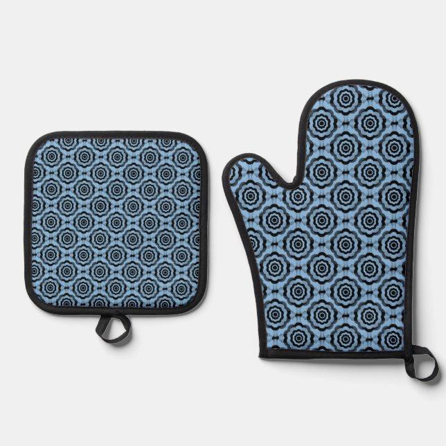 Blue Black Flower Seamless Pattern Oven Mitt & Pot Holder Set (Front)