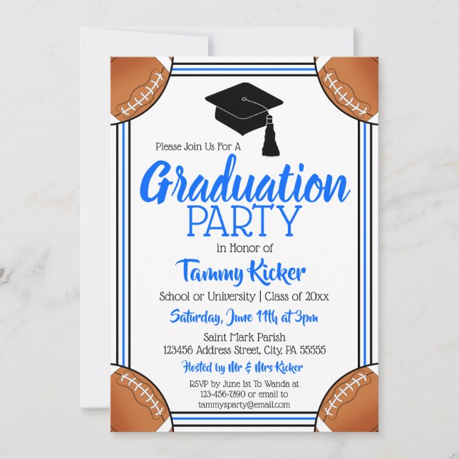 Blue & Black Football Graduation Party Invitation (Front)