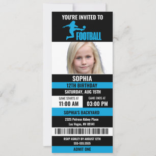 Blue Black Football Ticket Birthday Photo Invitation