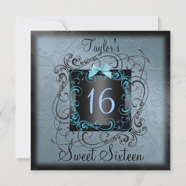 Blue & Black Frame Sweet16 Birthday Invite (Front)