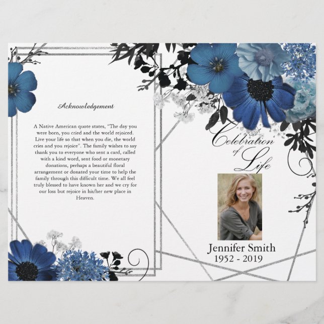 Blue Black Geometric Floral Funeral Program  Flyer (Front)