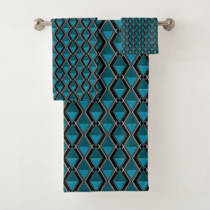blue black geometric pattern art deco bath towel set