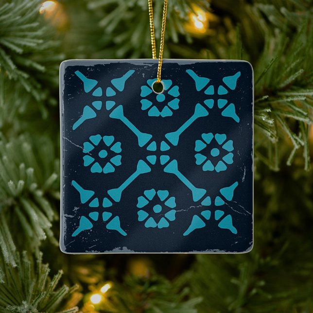 Blue Black Geometric Tile Board Game Distressed  Ceramic Ornament (Creator Uploaded)