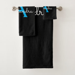 Blue Black Girly Script Monogram Name Bath Towel Set