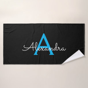 Blue Black Girly Script Monogram Name Modern Bath Towel