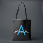 Blue Black Girly Script Monogram Name Modern Tote Bag<br><div class="desc">Black and Blue Elegant Add Your Own Name Monogram Book Bag. This Book Bag can be customised to include your initial and first name and given as a gift for Christmas,  Sweet 16 Birthday,  Bridal Shower or a Wedding.</div>